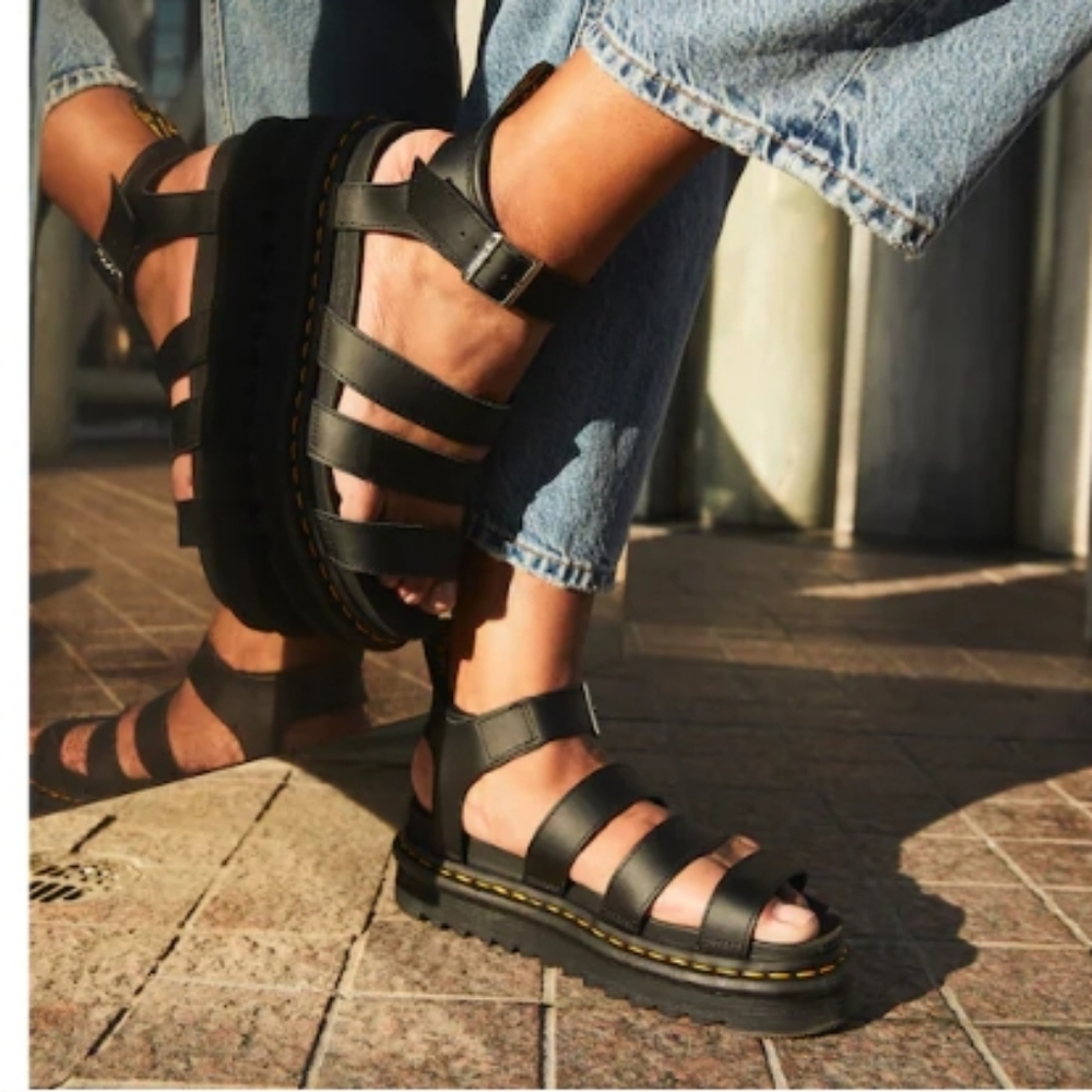 Dr. Martens Black Leather Strappy Platform Sandals